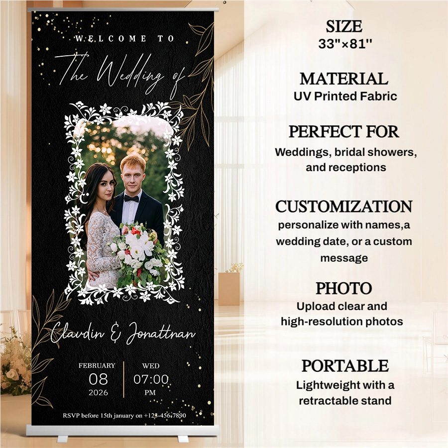 Customized wedding retractable banners - personalized photo wedding welcome signs, reception decorations and background curtains